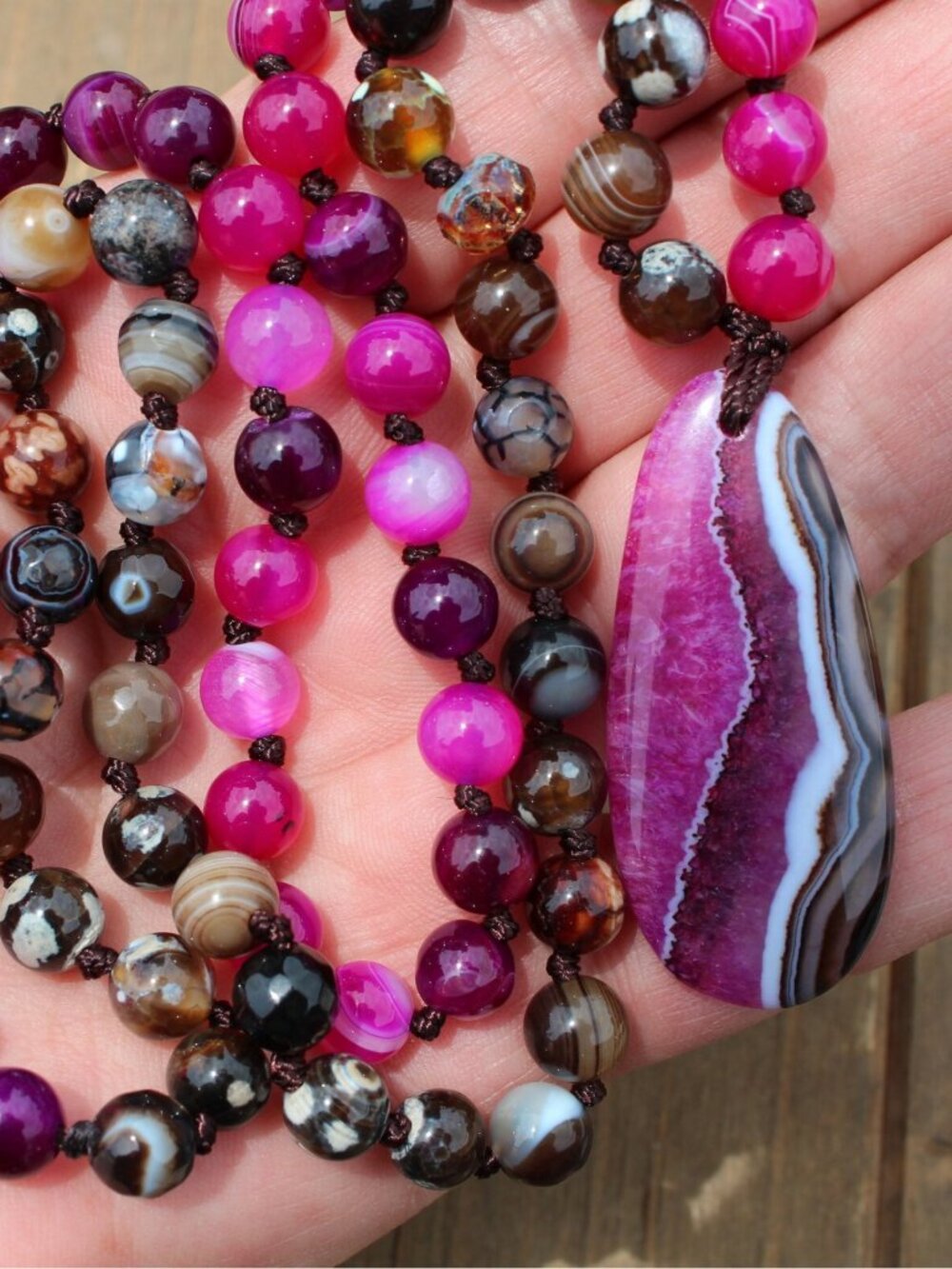 Pink & Brown Long Agate Gemstone Necklace